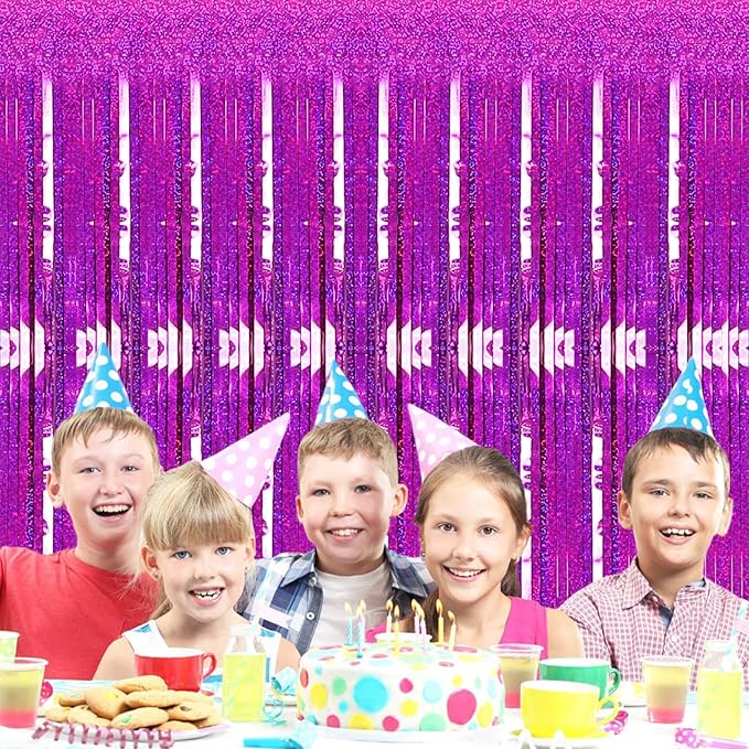 2 Pack 3.2ft x 8.2ft Hot Pink Metallic Tinsel Foil Fringe Curtains, Photo Booth Backdrop Door Curtains Party Streamers for Wedding Birthday Baby Shower Bachelorette Holiday Party Decorations