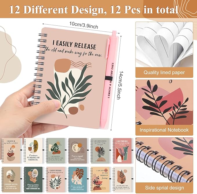 Kosiz 24 Pcs/12 Set Positive Affirmation Gifts Gratitude Spiral Notebooks with Pens Motivational Encouragement Notepads Daily Affirmations Journal for Women Valentine Galentine Gifts (Plant)
