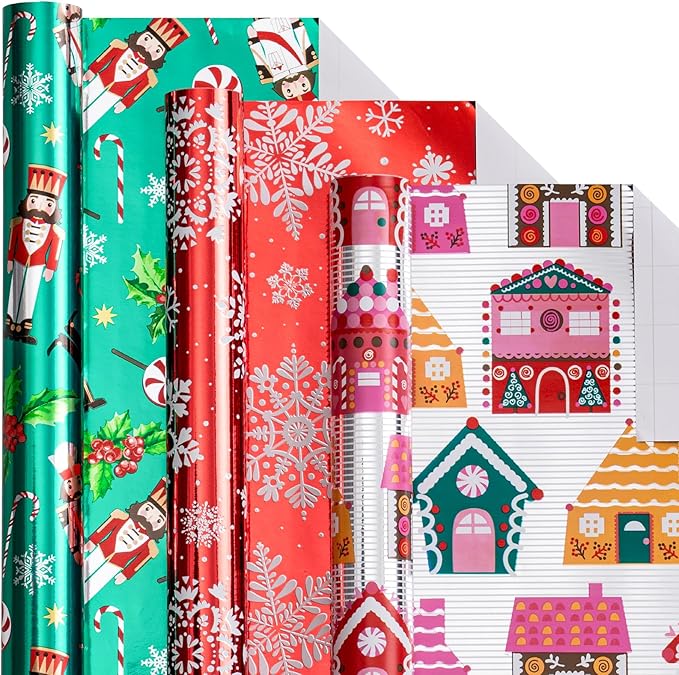 LeZakaa Christmas Wrapping Paper Mini Roll, Nutcracker Snowflake Gingerbread House Design Metallic Foil Holiday Gift Wrap, Arts Craft, for Xmas Winter Party, 17 x 120 inches, 3 Rolls