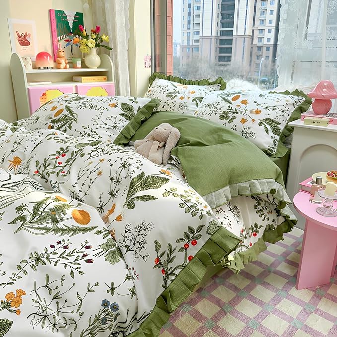Botanical Floral Duvet Cover with Green Ruffle 100% Cotton Vibrant Flower Duvet Cover Twin XL Girls Princess Romantic Lace Comforter Cover Coquette Flower Bedding Set Floral Comforter Cover Twin XL