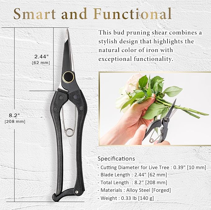 Professional Forged 8.2" Japanese Bud Cutting Pruning Shears Garden Flower Trimming Scissors Made in Japan (Single-blade)