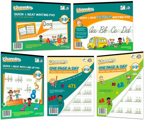 Channie’s Visual Math Workbooks - Cursive & Handwriting Bonus Pack of 5 | Grades 1-3 with Free Alphabet Card