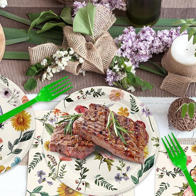 48Pcs Wildflower Birthday Party Supplies Include Plates Napkins Forks for 16 Guests Floral Paper Plates Vintage Flower Tea Party Decorations