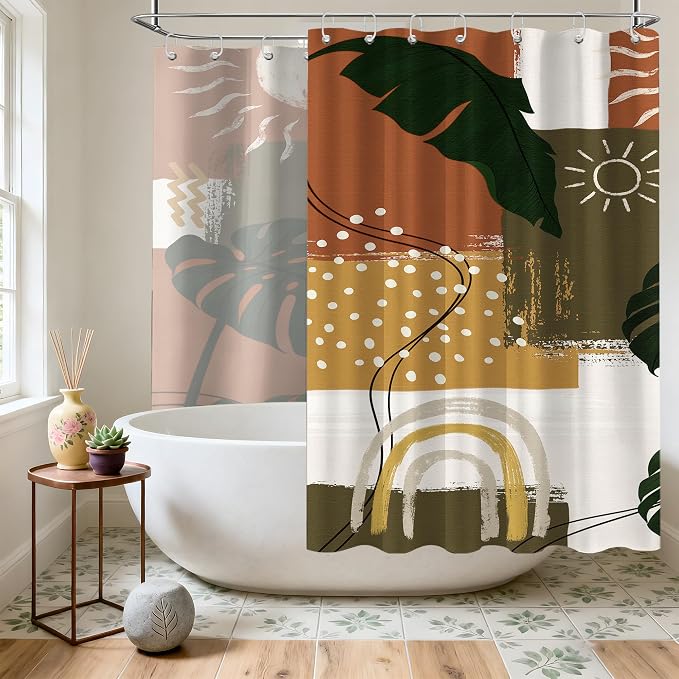 Extra Long Shower Curtain Extra Tall Mid Century Modern XL Abstract Tropical Leaf Shower Curtains for Large Bathroom Decor Sets, Waterproof Cloth Fabric with Hooks, 108x72 Inch