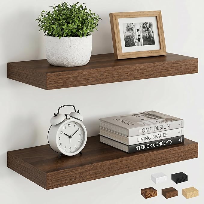 Dreamland Walnut Floating Shelves, Wall Mounted Shelves for Storage and Home Decor, Rustic Wood Shelves for Bathroom, Living Room, Bedroom and Kitchen, 16" x 6.7" Set of 2