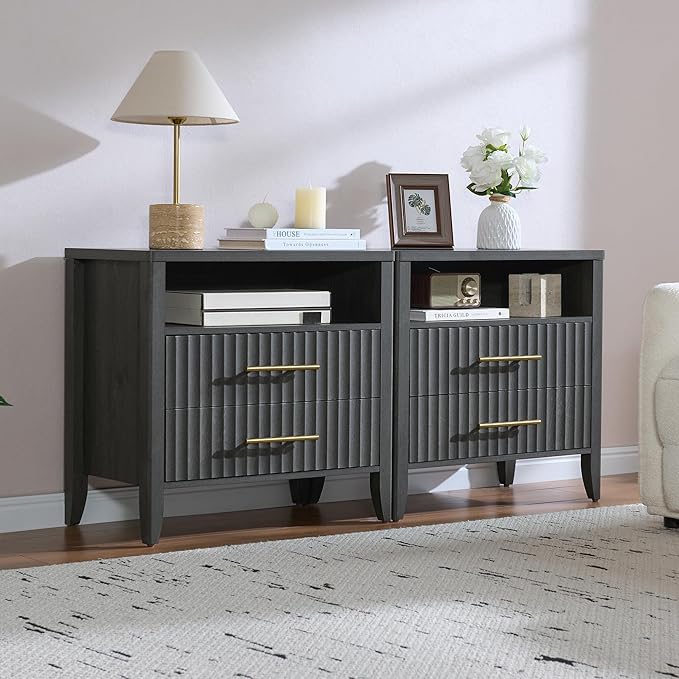 Fluted Nightstands with 2 Drawers, 27" Modern Nightstands Set of 2 with Storage Shelf, Large Queen Size Bedside Table and End Table for Bedroom,Hallway,Office, Dark Gray