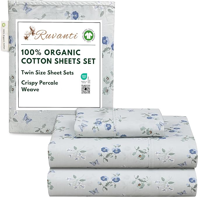 RUVANTI 100% Organic Cotton Sheets Twin Size, Percale Weave, GOTS Certified, 3-Piece Set, Deep Pocket 15", Crisp & Breathable, Soft Durable Bedding, Sábanas Algodón Orgánico – Butter Flight