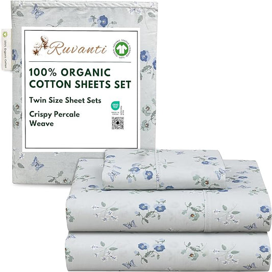 RUVANTI 100% Organic Cotton Sheets Twin Size, Percale Weave, GOTS Certified, 3-Piece Set, Deep Pocket 15", Crisp & Breathable, Soft Durable Bedding, Sábanas Algodón Orgánico – Butter Flight