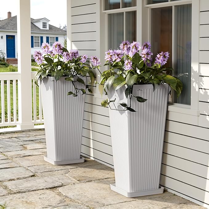 Square Tall Planters for Outdoor Plants Set of 2-23.6" Modern Tapered Indoor Flower Pots with Drainage Holes/Partition/Tray, Large Outdoor Planters for Porch Patio Garden Front Porch, White