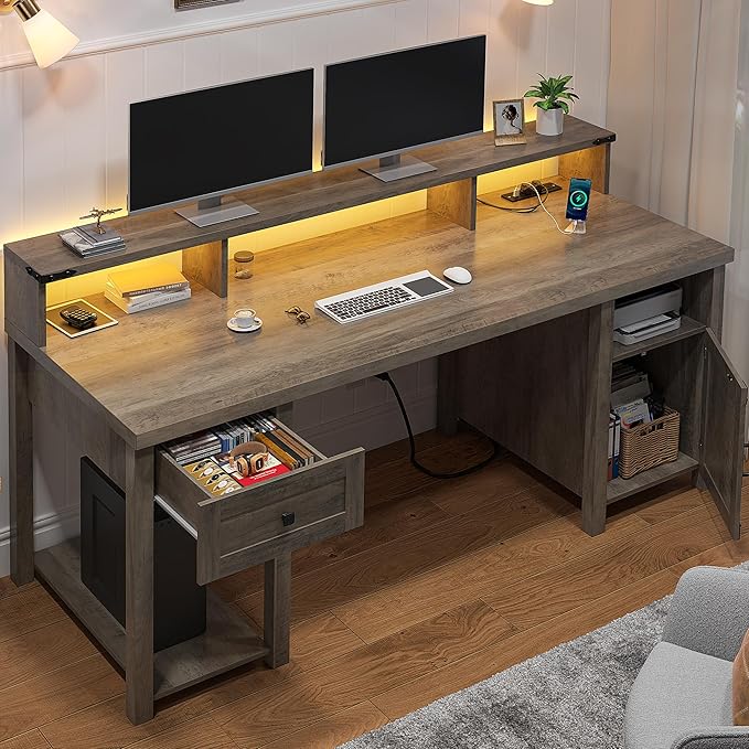 EnHomee Computer Desk with Drawers,23" D Home Office Desk with Storage,Wooden Desk with Monitor Stand,Farmhouse Desk with Printer Space and Power Outlets for Studio,Work, Study,Writing&Gaming