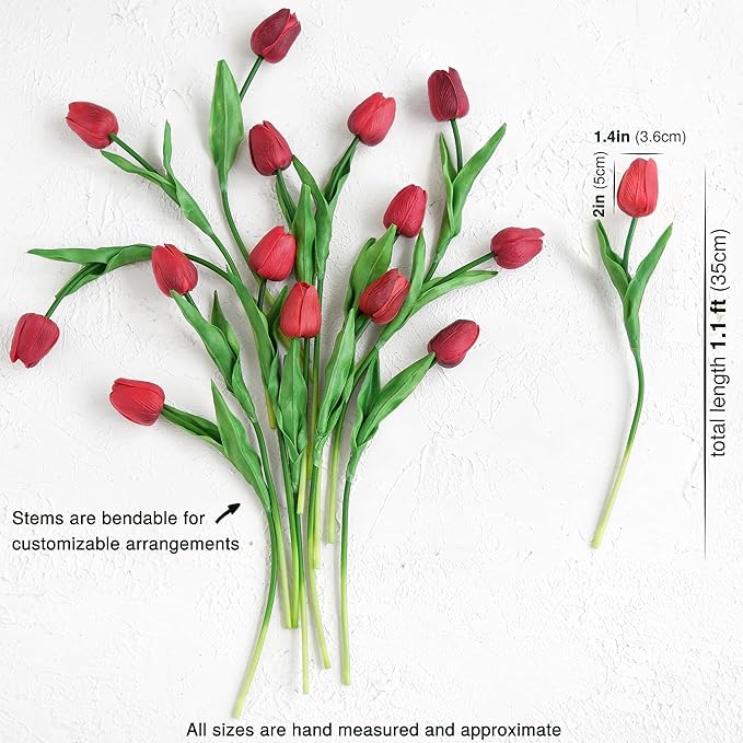 FiveSeasonStuff Real Touch Tulips Artificial Flowers – 15 Stems Faux Tulip Bouquet in Gift Box for Wedding, Home Decor, Party, Floral Arrangements (Currant Red)