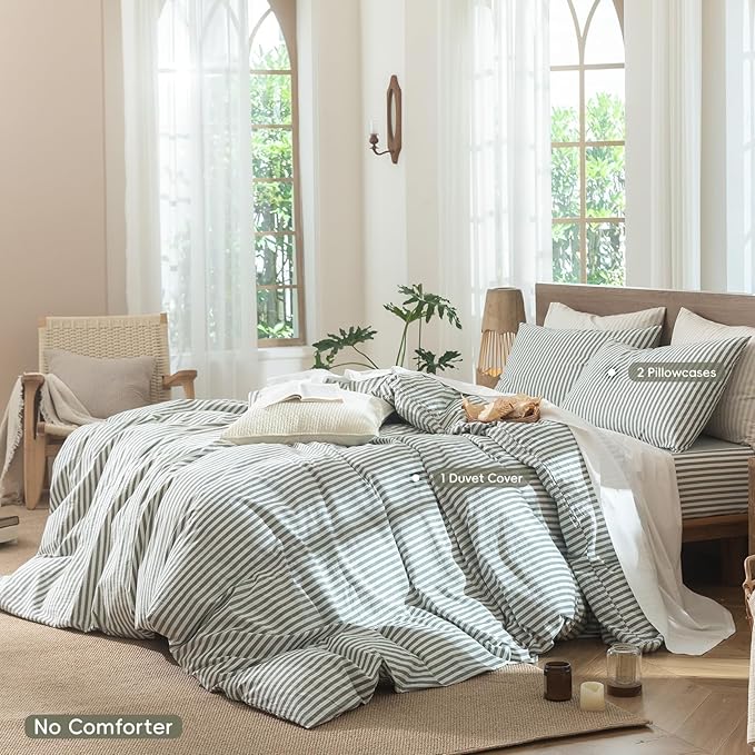 MooMee Striped Duvet Cover Set 100% Washed Cotton Linen Like Textured Breathable Durable Soft Comfy (Heathered Green Classic Stripes, Palatial King/Oversized King 120"x98")