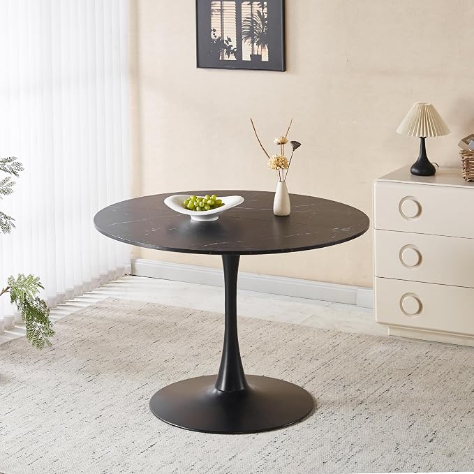 KEIKI 42.1" Round Dining Table, Mid Century Modern Bistro Table with Thickened MDF Tabletop & Metal Pedestal, for 4-6 People, Small Places, Cafe, Kitchen, Living Room, Faux Marble Black