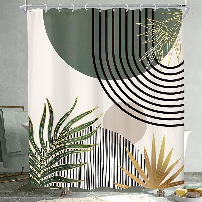 KOMLLEX Mid Century Dark Green Boho Shower Curtain 60Wx72L Inches Abstract Modern Shower Curtains for Bathroom Gold Plant Botanical Minimalist Arch Sun Fabric Liner Waterproof Polyester 12 Pack Hooks