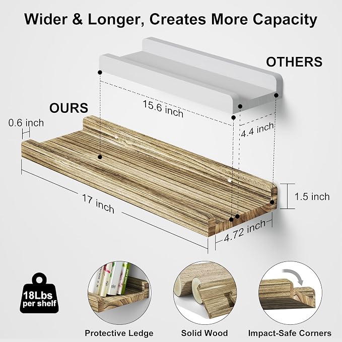 Love-KANKEI Floating Shelves Wall Mounted Set of 2,17 Inch Rustic Wood Wall Shelves for Storage, Bedroom Living Room Bathroom Kitchen Office and More Carbonized Black