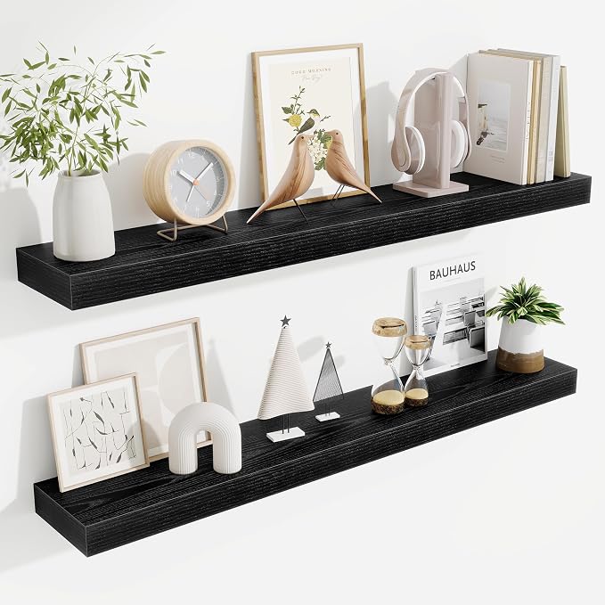 Fun Memories 40 Inch Floating Shelves, Long Wood Wall Shelf Set of 2 with Invisible Brackets, for Bathroom, Living Room, Bedroom, Kitchen, Black
