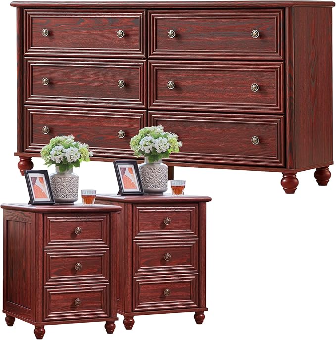 Farmhouse Dressers & Night Stand Set of 3, Wood 54'' Wide Dresser & 18'' Chest of Drawers, Roman Column 3 Drawers Nightstand Set of 2, Bedroom Furniture Dresser Suites for Living Room, Hallway Home