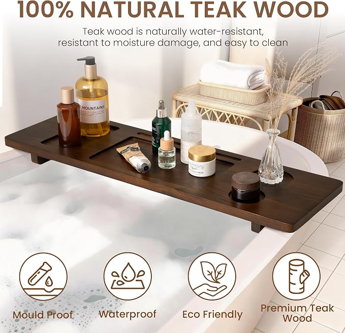 Teak Bathtub Tray - Wood Bath Caddy Tray 29" for Small Tubs - Adjustable Bathtub Table Trays - Luxury Shower Organizer for Home Spa Relaxation and Reading - Dark Walnut Color