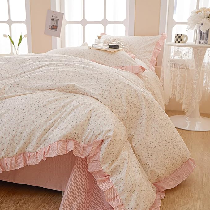 Pink Floral Ruffle Duvet Cover Twin 100% Cotton Pink Flower Duvet Cover Girls Romantic Comforter Cover Princess Lace Coquette Bedding Set Vintage Aesthetic Bedding Cute Flower Comforter Cover Twin