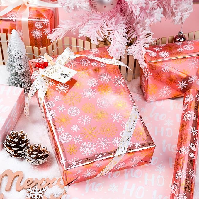 MAYPLUSS Pink Christmas Wrapping Paper Roll - 17IN X 33FT - Christmas Gift Wrapping Paper Featuring Gold and White Snowflake Reversible HO for Kids, Holiday, New Year