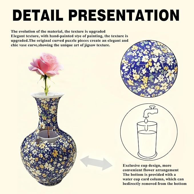3D Puzzle Vase, 160 Curved Pieces DIY Flower Vase Craft Kit & 3D Puzzles for Adults, Creative Jigsaw Art Project Home Décor Centerpiece, for Women, Mom (Navy Floral Pattern)