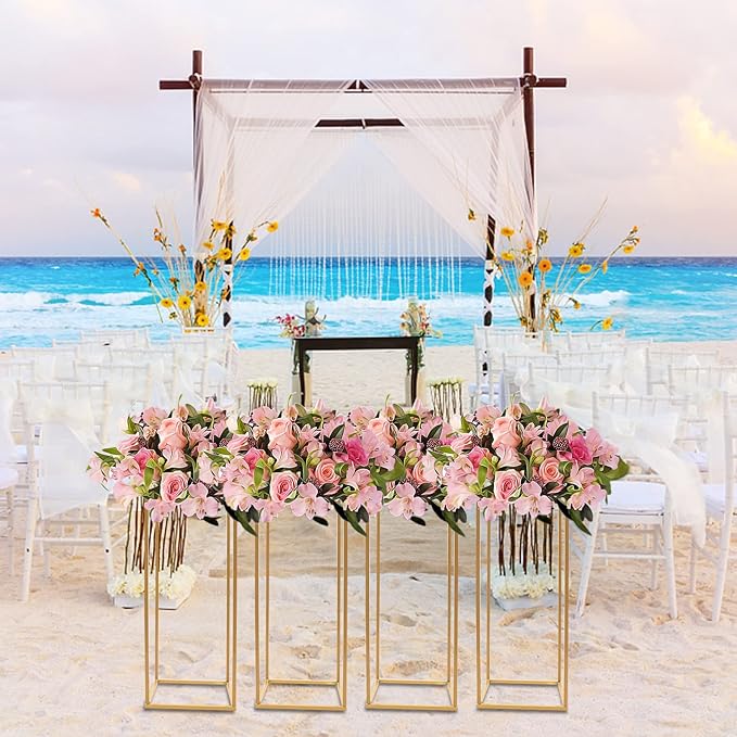 4PC 23.6" Flower Stand for Wedding Metal Cylinder Stands for Party Rectangular Gold Centerpieces Flower Vase Gold Pedestal Columns for Weddings Indoor Outdoor Flower Plant Stand Decoration