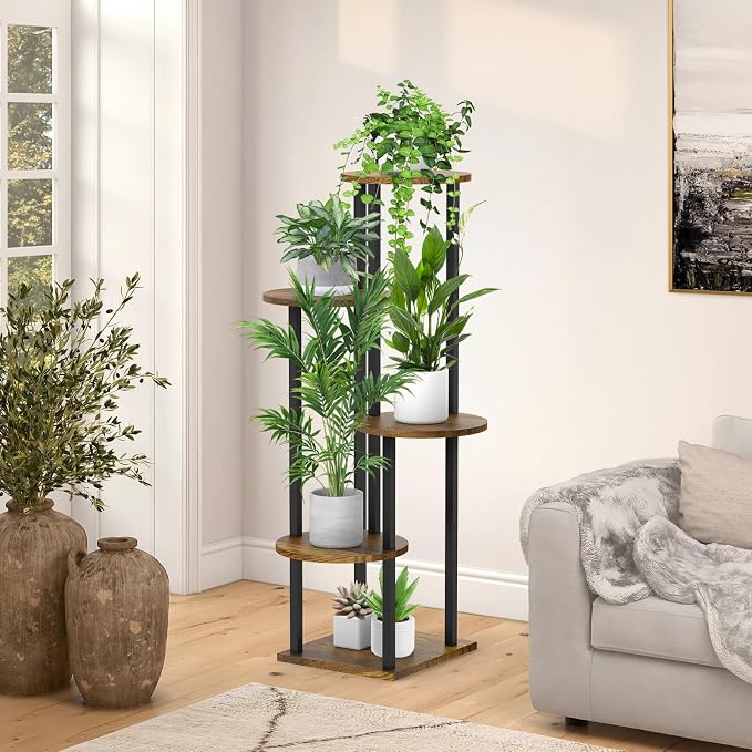 5 Tier Plant Stand Indoor, Metal Wooden Tall Plant Shelf Flower Pot Stand for Multiple Plants, Corner Flower Holder Plant Display Rack for Living Room Balcony Patio Garden (Rustic Brown)