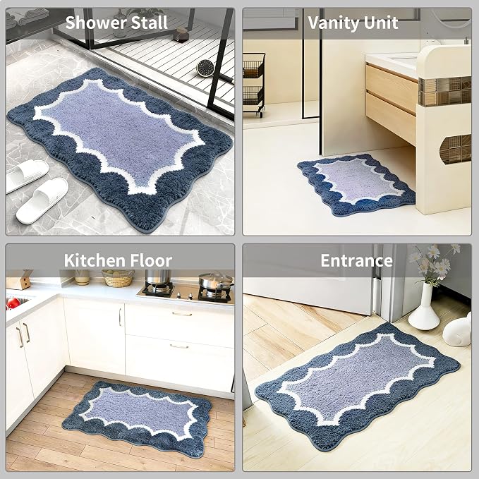 Scalloped Blue Bathroom Rugs Mat,Non Slip Absorbent Quick Dry Bath Mats for Shower Room,Plush Microfiber Bath Mats for Bathroom Floor Washable Carpet for Shower Tub Sink Bedroom,20"x32"