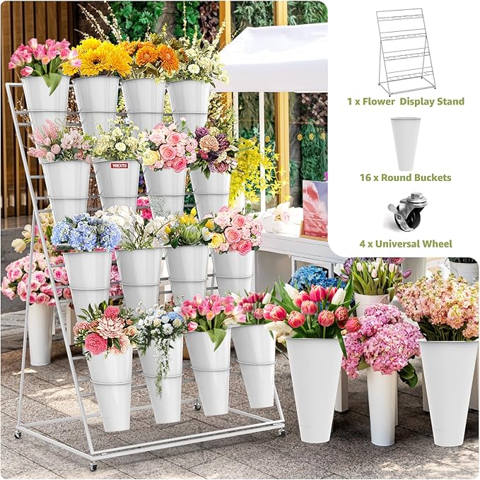 Flower Display Stand 4 Layers with 16 PCS Round Buckets, Plant Stand with Wheels, Movable Metal Plant Stand for Terrace Garden, Florist Shop
