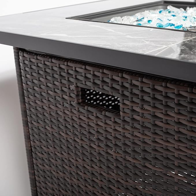30" Propane Gas Fire Pit Table, 50000 BTU Square Fire Pit with Lid & Glass, Tile Tabletop with Beautiful Wicker Base for Outside Patio Deck Garden Courtyard