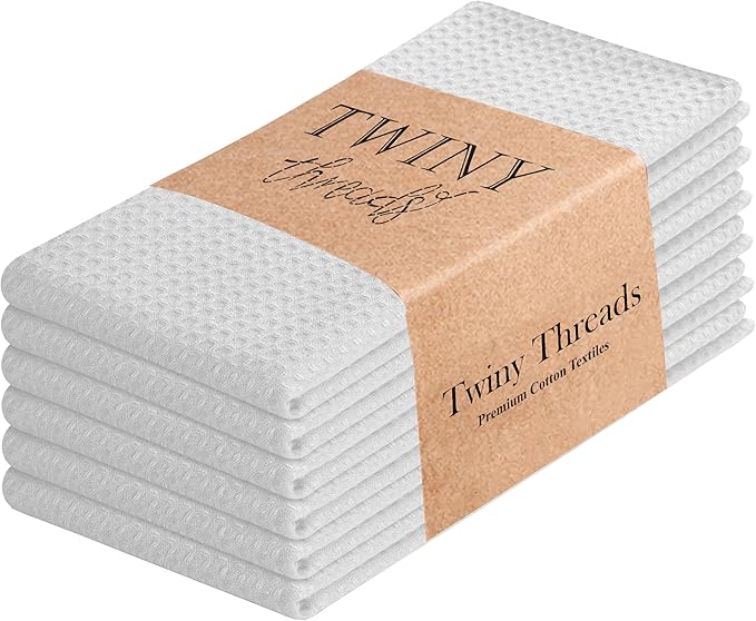 TWINY threads Waffle Kitchen Towel, Premium Large Kitchen Linen Set, 100% Cotton Dish Cloths, Absorbent Quick Drying Wash Rags for Drying Dishes, Reusable, Set of 6, 16x26 Inches, White