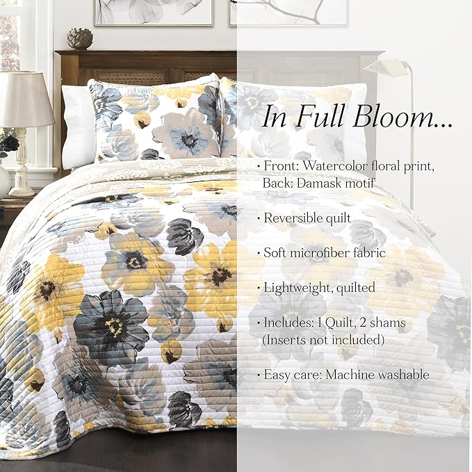 Lush Decor Leah Reversible Floral Quilt Set, 3 Piece Set, Full/ Queen, Yellow & Gray - Watercolor Botanical - Cottage Core - French Country Decor- Bedding Queen Size