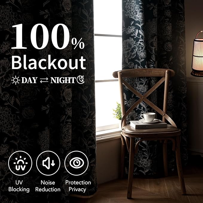 Floral Curtains Blue Peony Blackout Curtains Pattern - Vintage Blackout Curtains with Grommet, Boho Floral for Nursery Office, Cotton Blend Printed Curtains, 52" W x 63" L
