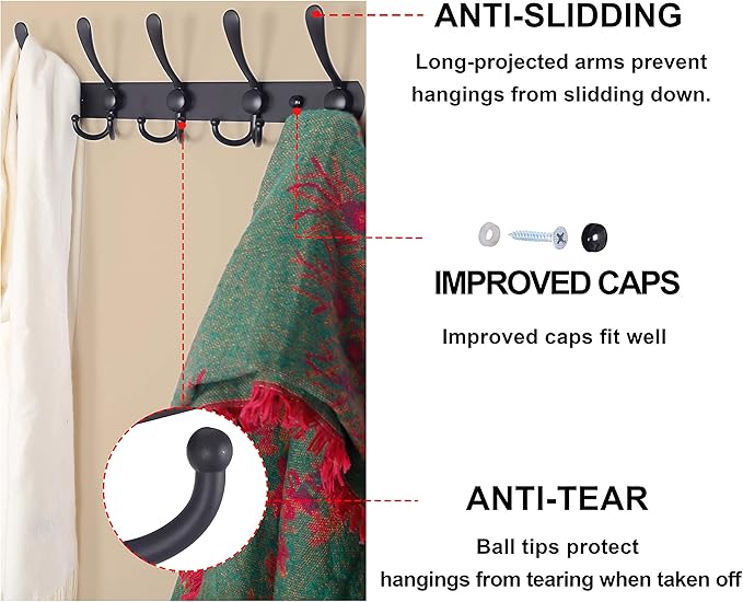 Dseap Coat Rack Wall Mounted - 5 Tri Hooks, Heavy Duty, Stainless Steel, Metal Coat Hook Rail for Coat Hat Towel Purse Robes Mudroom Bathroom Entryway, Rose Gold