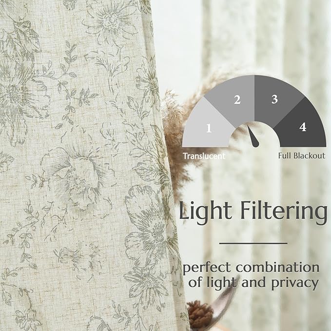 jinchan Lined Linen Blend Curtain Floral Curtains for Living Room 96 Inches Long Christmas Green Peony Flower Printed Curtain Back Tab Farmhouse Patterned Drapes Bedroom Curtains Set 2 Panels