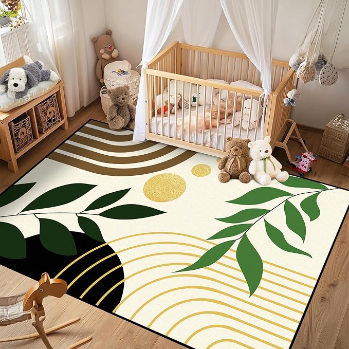 Modern Abstract Rug Geometric Area Rug Boho Green Leaf Floor Mat Soft Washable Carpet for Bedroom Living Room Kitchen Nursery Playroom Home Decor 6'x9'