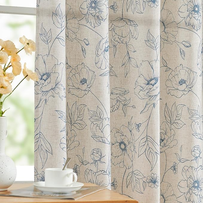 jinchan Floral Linen Curtains for Living Room 84 Inch Length Blue Flower Curtain Rod Pocket Back Tab Farmhouse Curtains with Printed Floral Bedroom Window Curtain Set, 2 Panels Blue