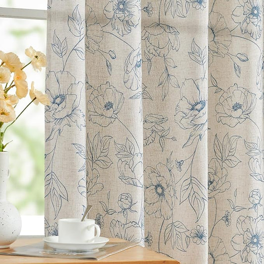jinchan Floral Linen Curtains for Living Room 84 Inch Length Blue Flower Curtain Rod Pocket Back Tab Farmhouse Curtains with Printed Floral Bedroom Window Curtain Set, 2 Panels Blue