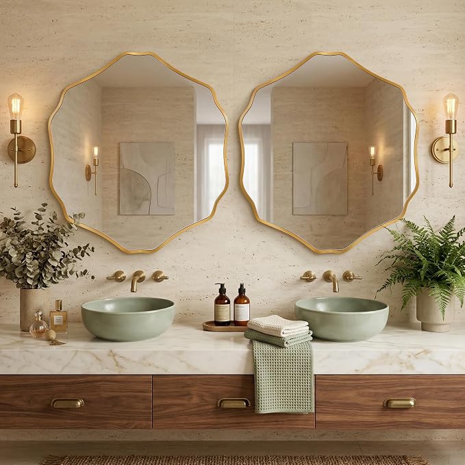 Irregular Hexagon Wall Mirror with Wavy Edge, Modern Decorative Mirror for Bathroom, Bedroom, Living Room, Frameless Vanity Mirror