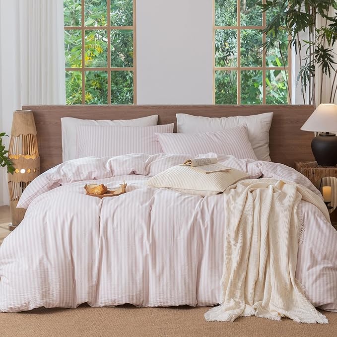 MooMee Striped Duvet Cover Set 100% Washed Cotton Linen Like Textured Breathable Durable Soft Comfy (Heathered Greyish Pink Classic Stripes, Cal King 104"x98")