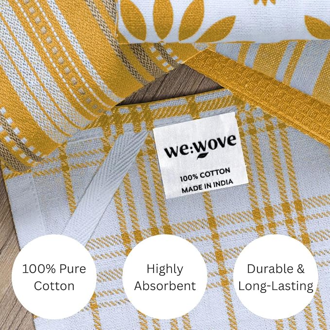 WeWove Assorted Kitchen Towels Set of 5 - 100% Cotton Dish Cloths Towels with Hanging Loop - Soft Absorbent Washable Reusable for Kitchen Use - Quick Drying 16x26 inch Dish Towels Mustard Yellow