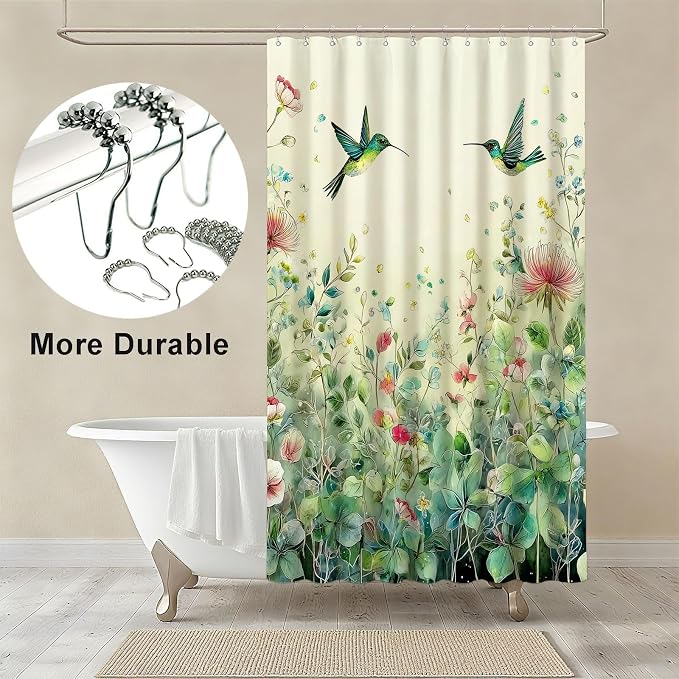 Green Leaf Flowers Shower Curtain Hummingbird Shower Curtains for Bathroom Waterproof Fabric Bath Curtain Decor with Hooks