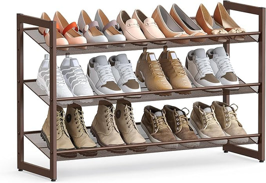 SONGMICS Shoe Rack, 3-Tier Shoe Organizer, Metal Shoe Storage for Garage, Stackable Shoe Shelf, with Adjustable Flat or Angled Shelves, 9-12 Pairs, Bronze ULMR03A