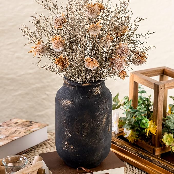 Rustic Ceramic Farmhouse Flower Large Vase, Whitewashed Terra Cotta Vase, Pottery Decorative Flower for Home Decor, Table, Living Room Decoration, Shelf Decor, Mantel, 9.5 Inch, Bronze