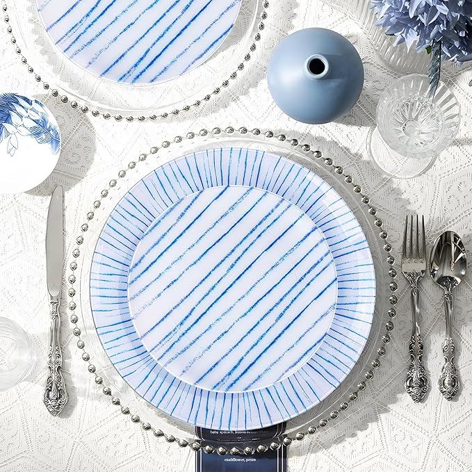 U-QE 20Pcs Blue Plastic Plates - Blue Stripes Hanukkah Plates Disposable Heavy Duty, Fancy Stripes Pattern Perfect for Hanukkah, Weddings, Tea Parties, Holidays - 10.25" Dinner & 7.5" Dessert Plate