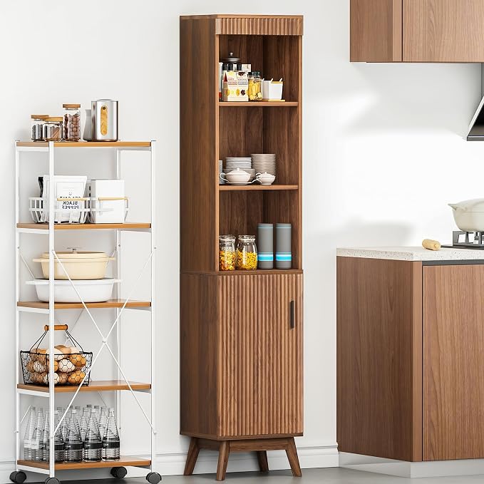 Bifins 68" Tall Bathroom Storage Cabinet,Narrow Fluted Tower Cabinet with Door and Shelves,Slim Space Saving Storage Unit for Bathroom Kitchen Living Room (Walnut, 11.8" D x 15.75" W x 68" H)