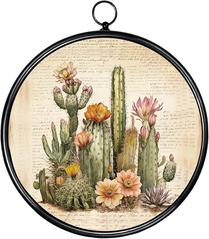 XIAOAIKA Round Vintage Wall Hanging Decor, Printed Textured Surface with Wood Back, Cactus Design, Black Metal Frame, Ready to Hang for Living Room Bedroom, 10 Inch