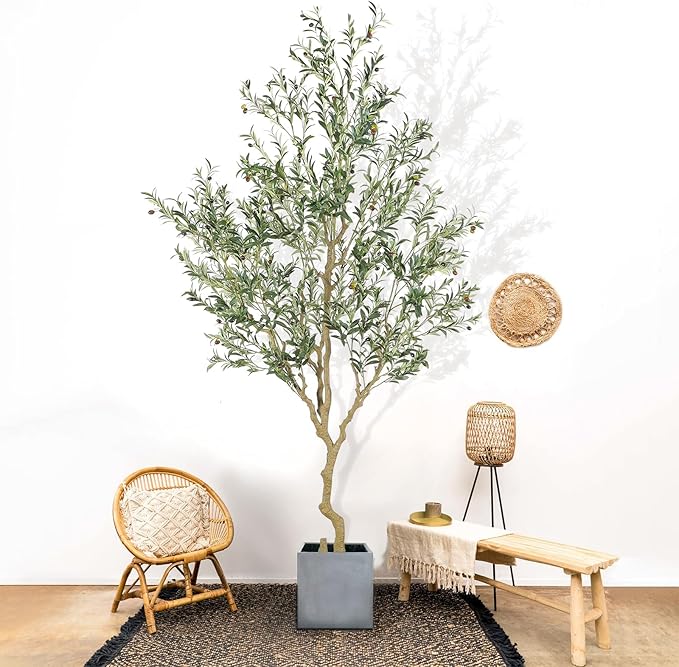 Tall Faux Olive Tree，9ft（108in） Realistic Potted Silk Artificial Olive Tree， Fake Olive Trees Indoor with Green Leaves and Big Fruits for Home Office Living Room Stairs Patio Decor.