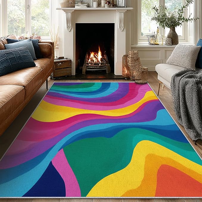Rainbow Abstract Rugs 5x8, Colorful Retro 70s Washable 5 x 8 Area Rug for Living Room, Bedroom, Low Pile Non Slip Stain Resistant Carpet, Abstract Home Decor Accessories & M888