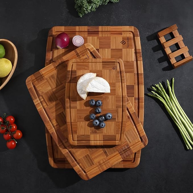 3 Pack Bamboo Cutting Board Set Non Toxic Wooden Cutting Board for Kitchen Non Slip Solid End Grain Thick Wood Juice Groove Chopping Board Edge Grain Teak Smart Marble Flexible Round Stone Metal